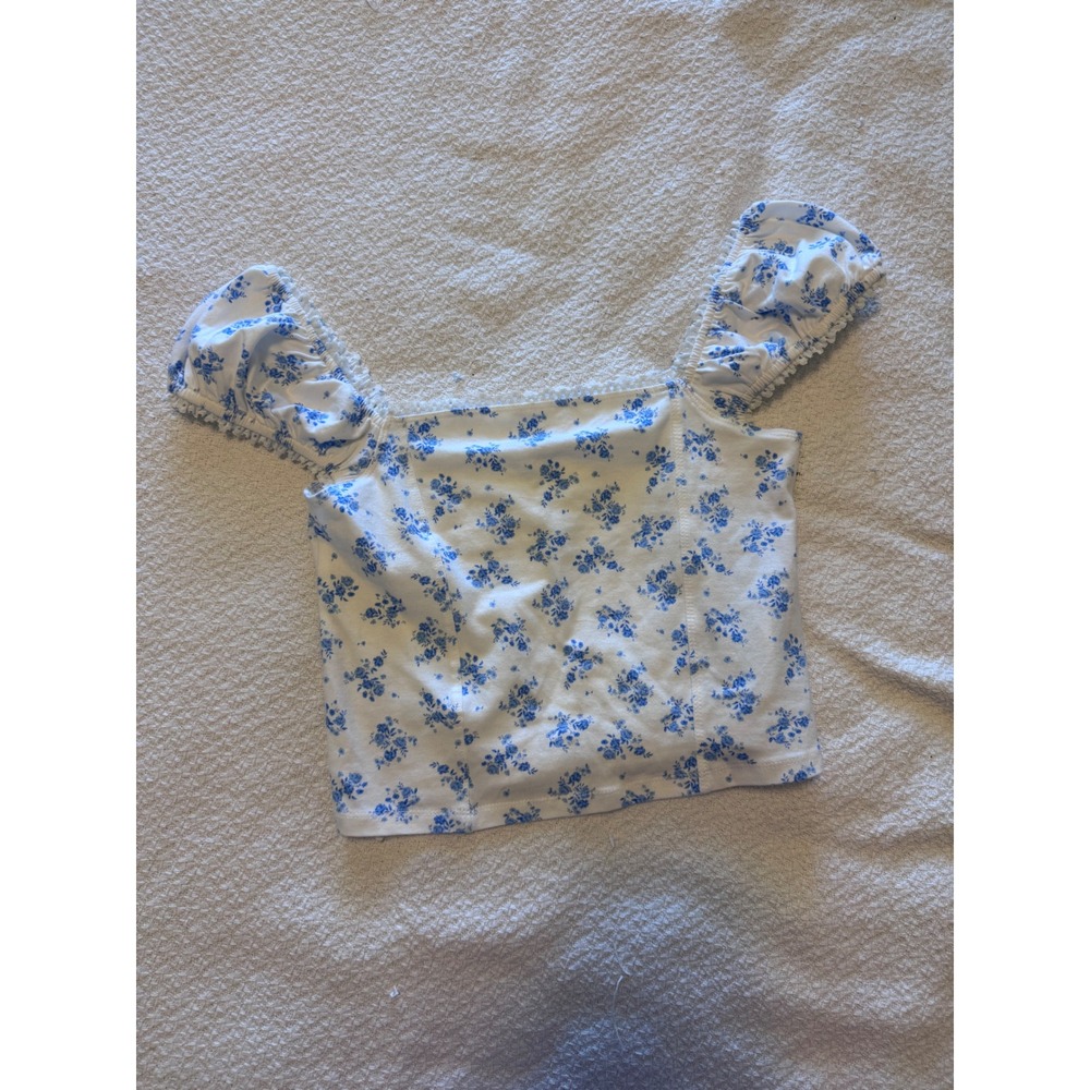 Hollister Blue Floral Lace Trim Square Neck Puff Sleeve Crop Top Medium